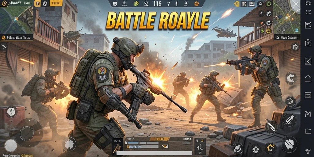 Menampilkan gameplay seru dalam pertarungan Battle Royale di ADAM77.