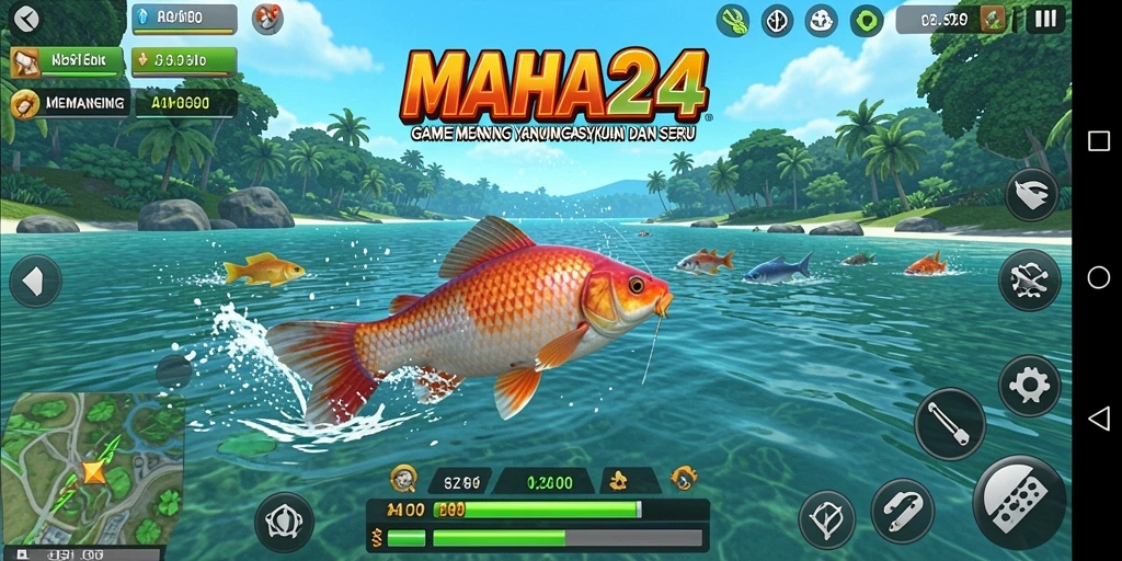 Screenshot gameplay MAHA24 yang menunjukkan aksi memancing yang realistis dan seru.