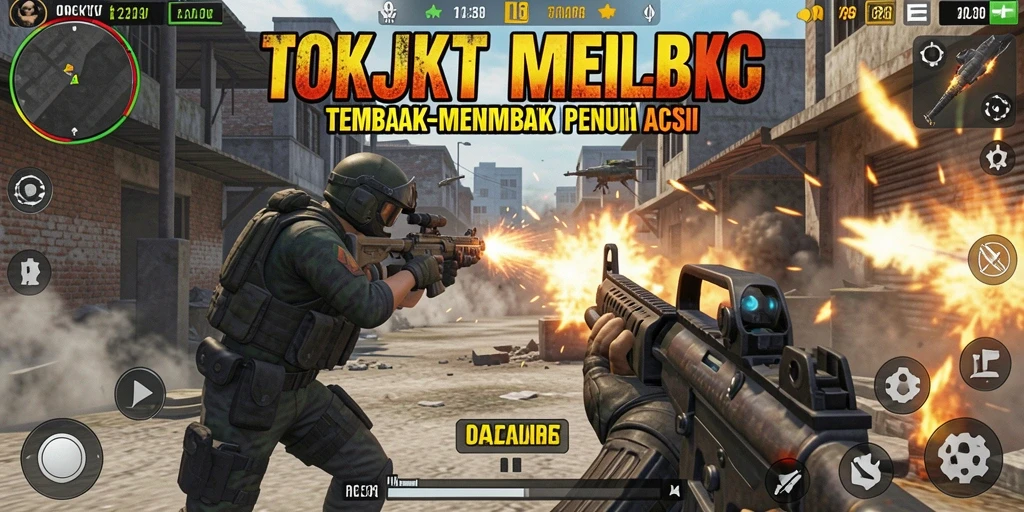 Screenshot gameplay mendebarkan dari OKJKT dengan aksi tembak-menembak yang intens.