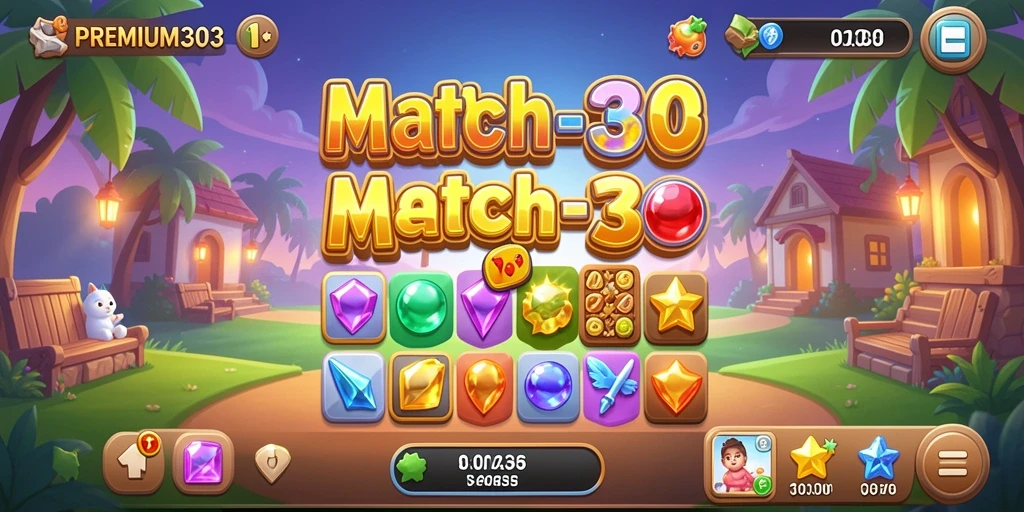 Tampilan gameplay Match-3 yang menarik dan penuh warna.
