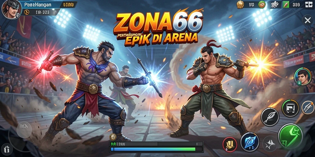 Screenshot ZONA66 saat karakter bertarung dalam arena yang mendebarkan.